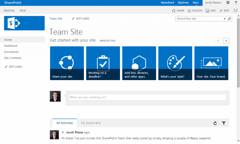 The result of a few clicks is a standard SharePoint Teamsite with the Beezy newsfeed and microblog.